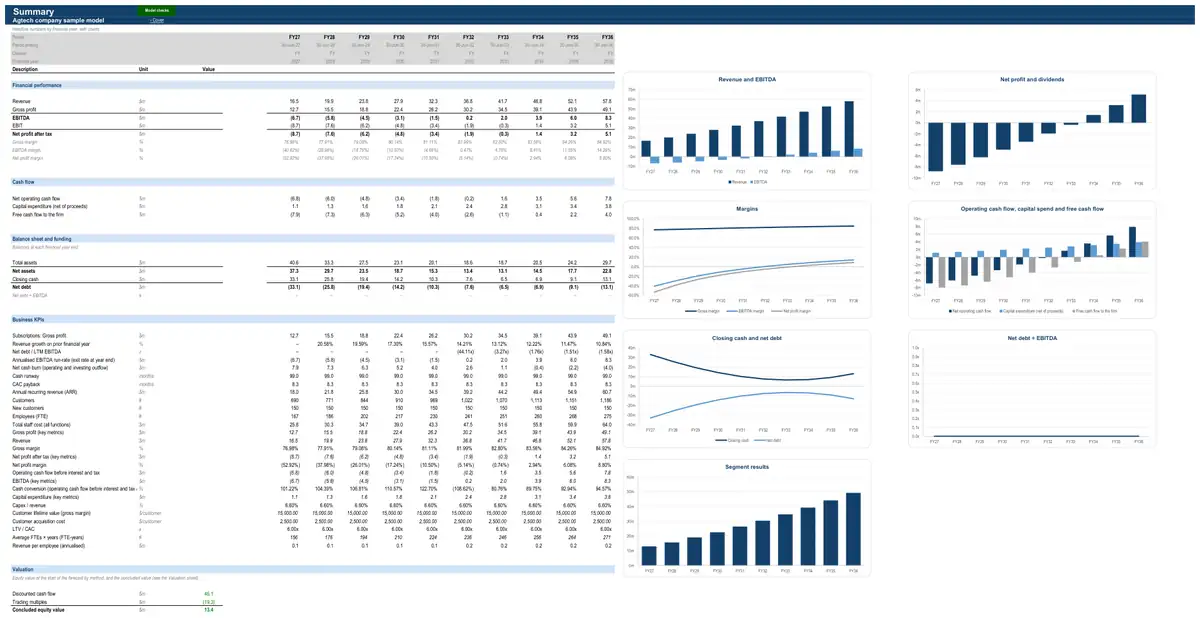 The Summary sheet of the sample agtech company model
