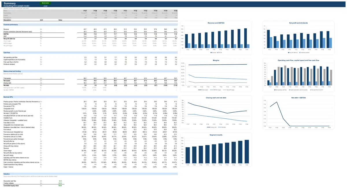 The Summary sheet of the sample consulting firm model