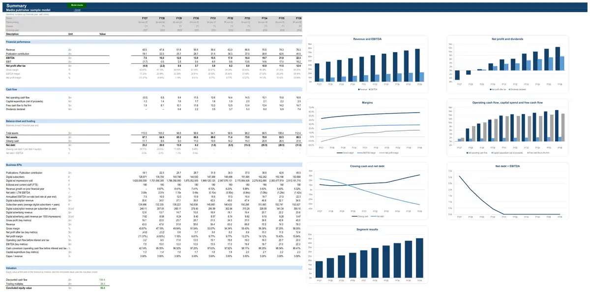 The Summary sheet of the sample media publisher model