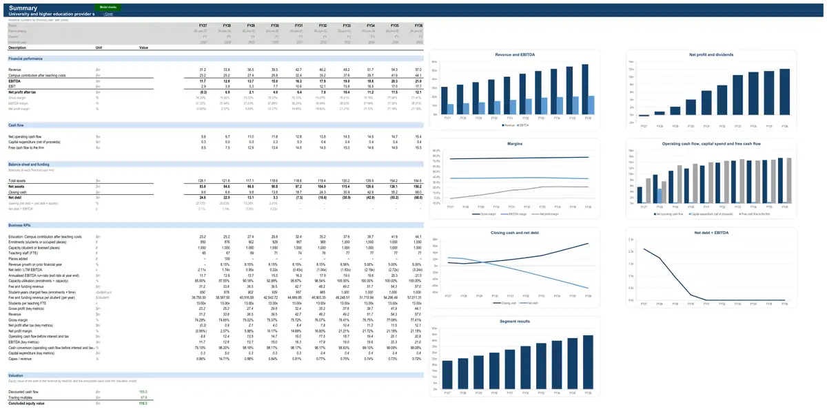 The Summary sheet of the sample university and higher education provider model