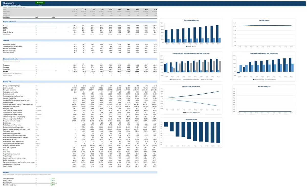 The Summary sheet of the sample gentailer model