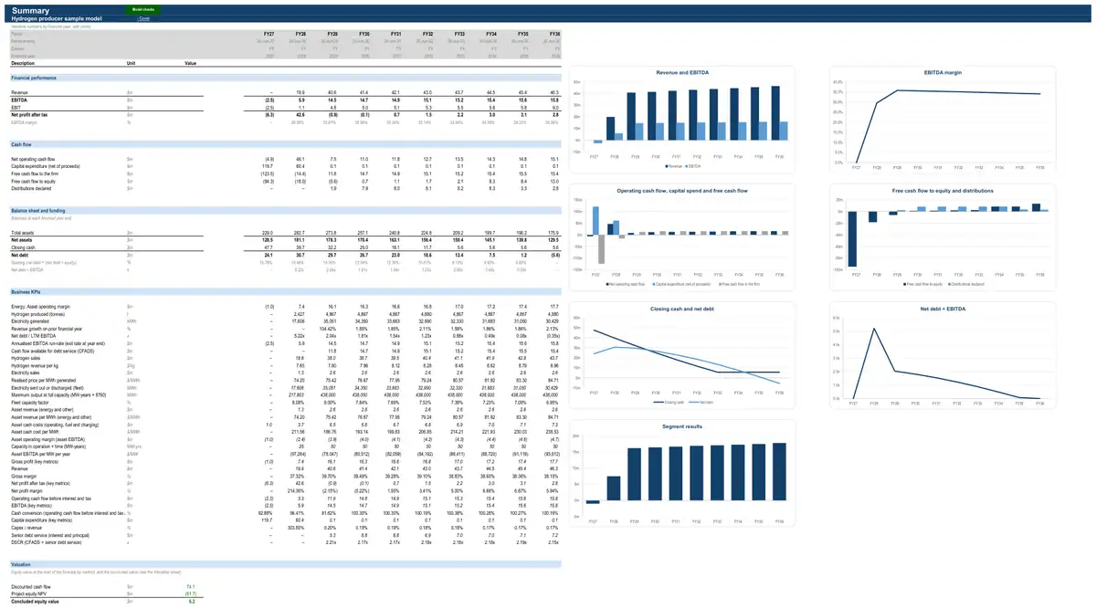 The Summary sheet of the sample hydrogen producer model