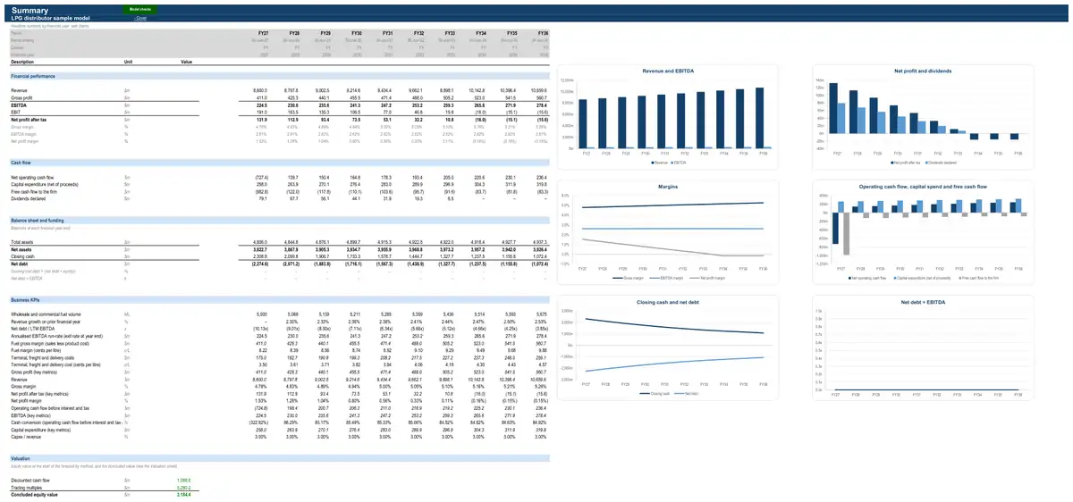 The Summary sheet of the sample LPG distributor model