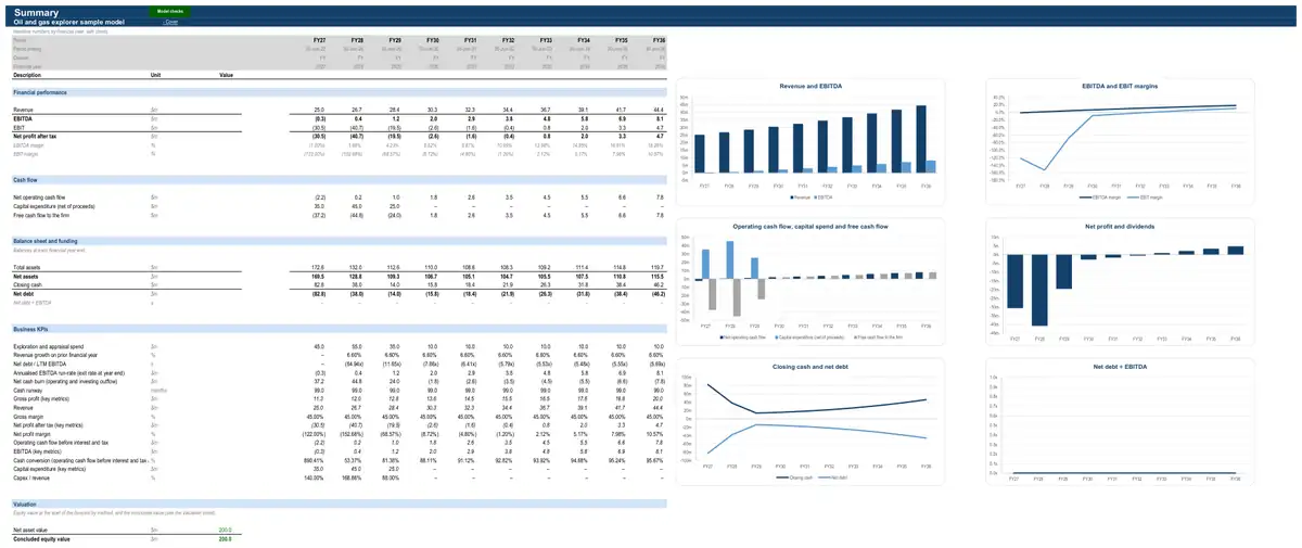 The Summary sheet of the sample oil and gas explorer model