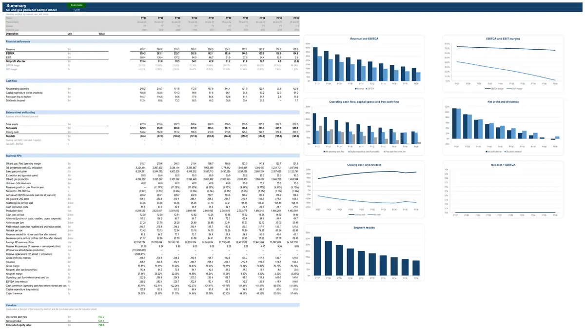 The Summary sheet of the sample oil and gas producer model