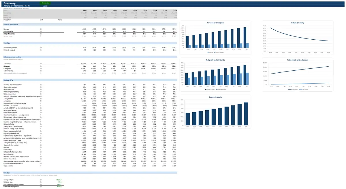 The Summary sheet of the sample annuity provider model