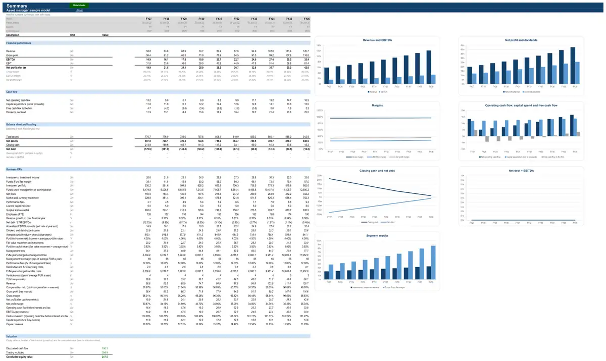 The Summary sheet of the sample asset manager model