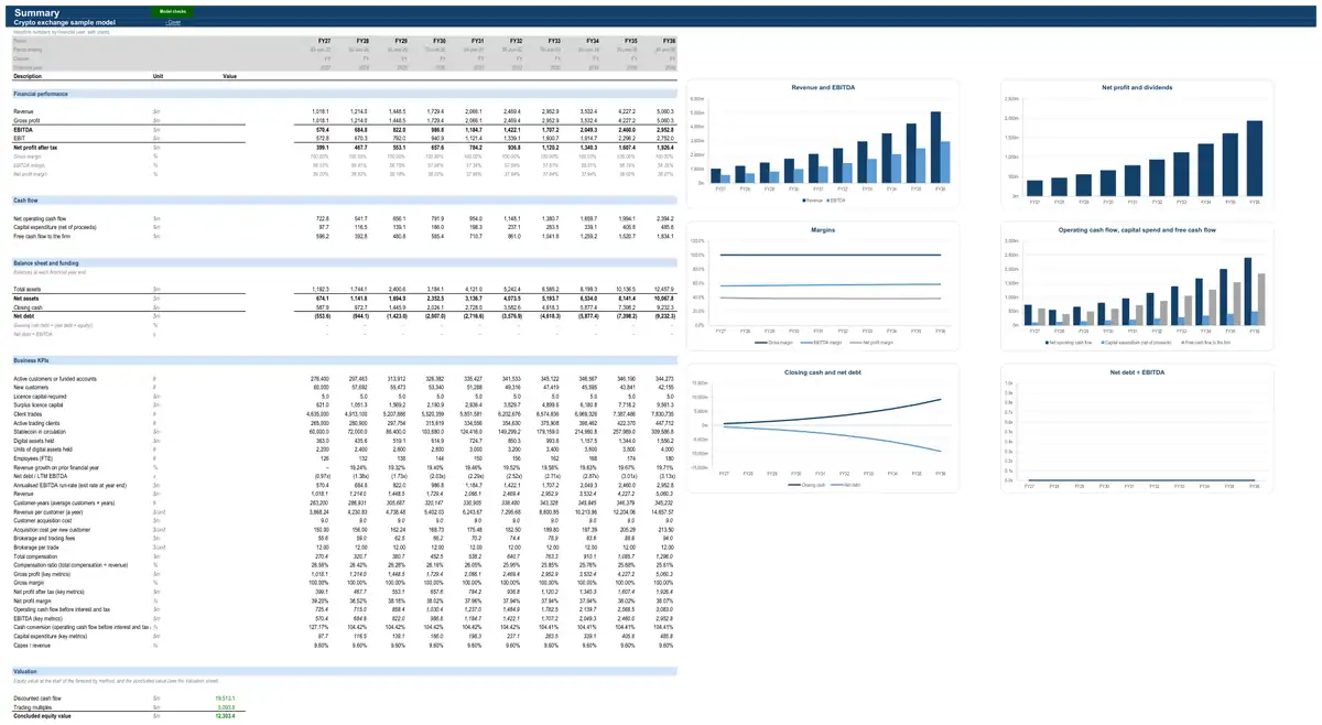 The Summary sheet of the sample crypto exchange model