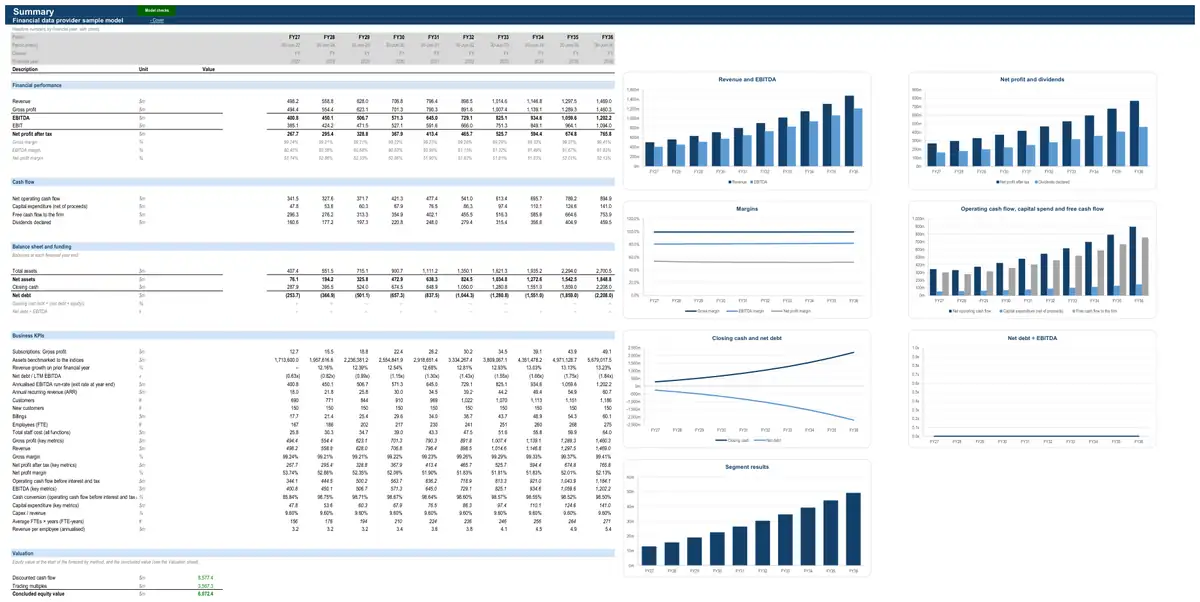 The Summary sheet of the sample financial data provider model