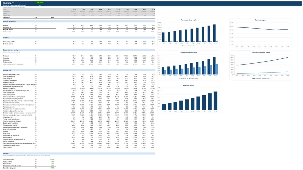 The Summary sheet of the sample general insurer model