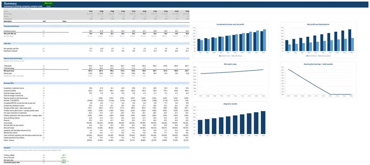The Summary sheet of the sample investment holding company model