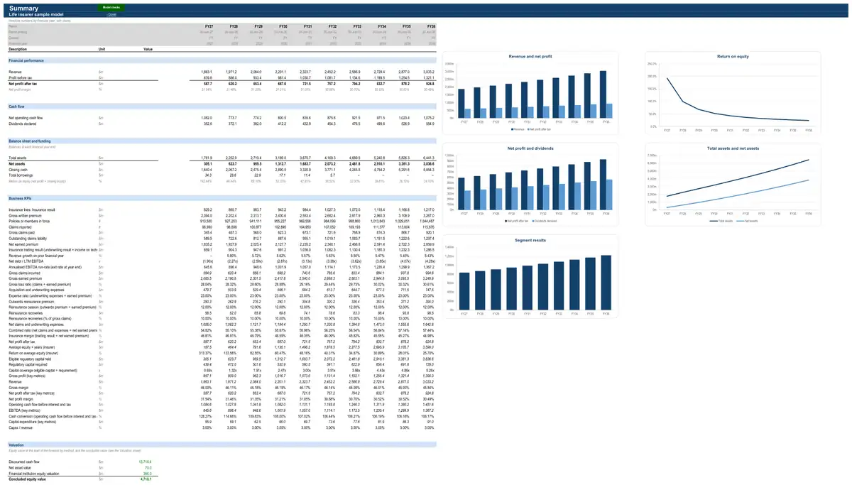 The Summary sheet of the sample life insurer model
