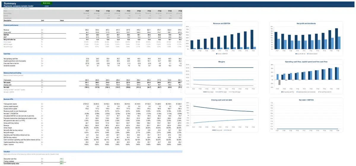 The Summary sheet of the sample payments company model