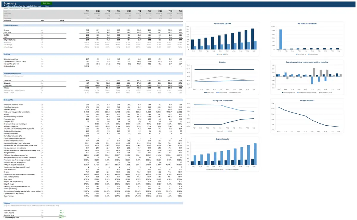 The Summary sheet of the sample private equity and venture capital firm model