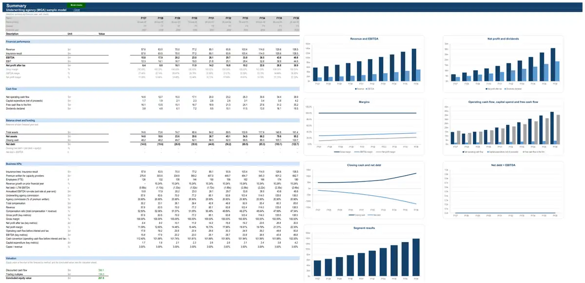 The Summary sheet of the sample underwriting agency (MGA) model
