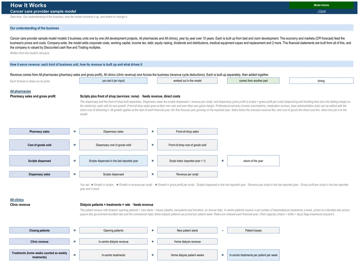 The How It Works sheet of the sample cancer care provider model