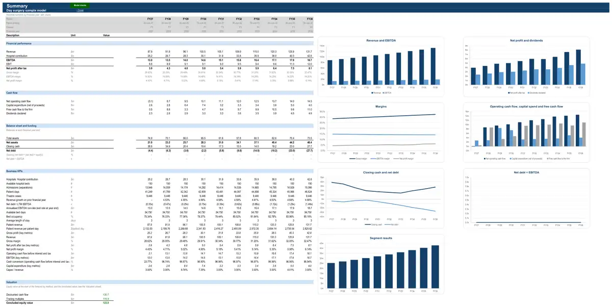 The Summary sheet of the sample day surgery model