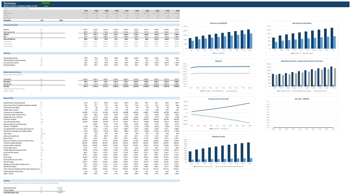 The Summary sheet of the sample medical device company model