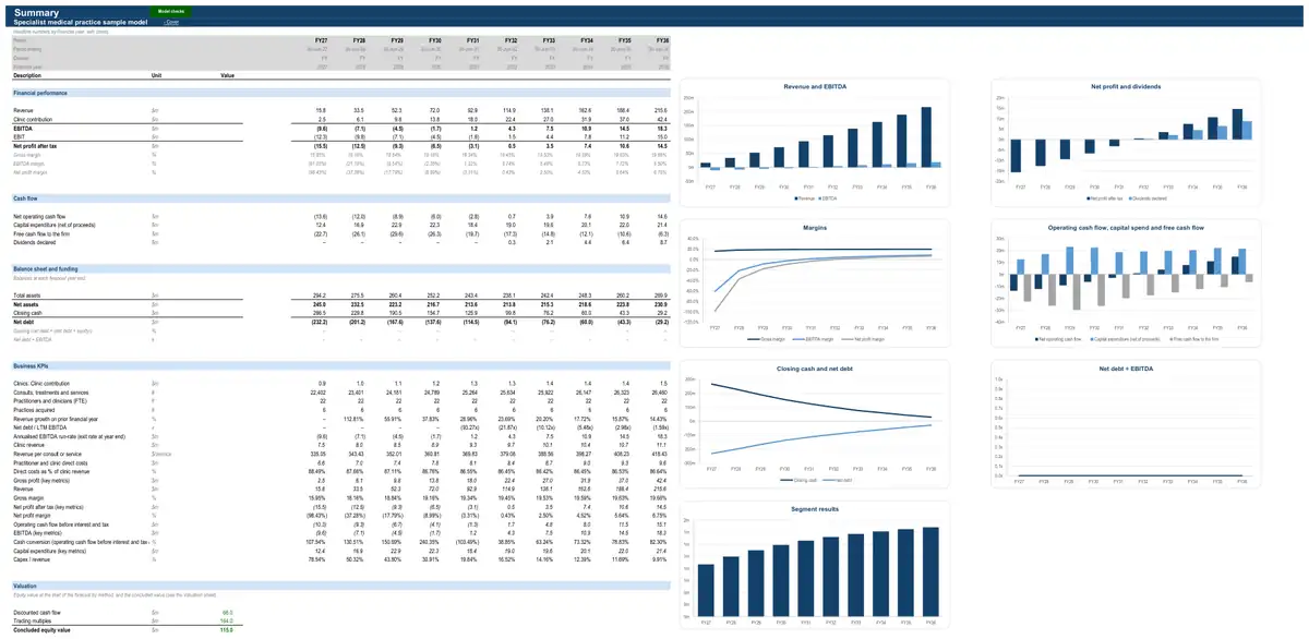 The Summary sheet of the sample specialist medical practice model