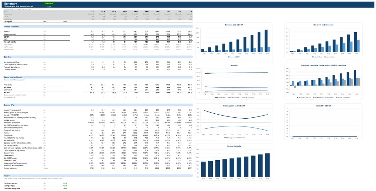 The Summary sheet of the sample cinema operator model
