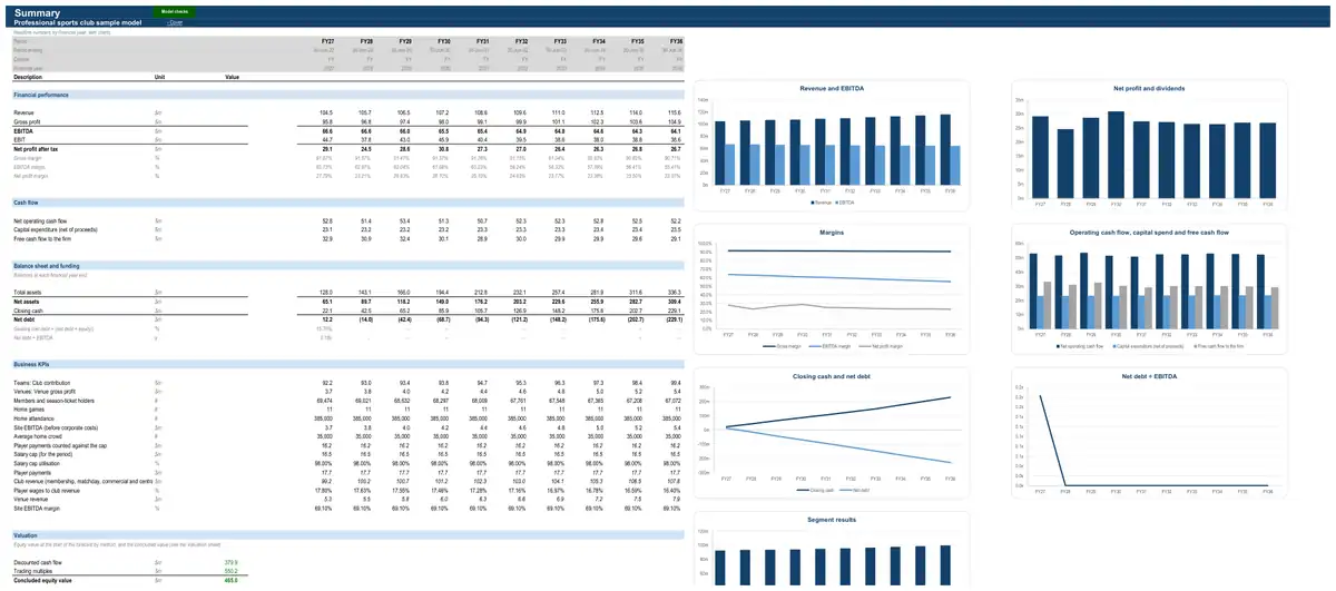 The Summary sheet of the sample professional sports club model