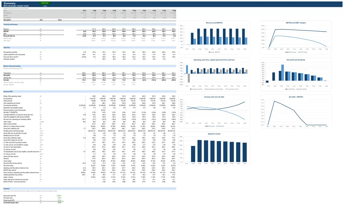 The Summary sheet of the sample mine developer model