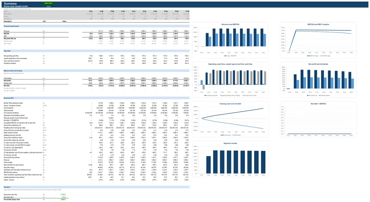 The Summary sheet of the sample nickel mine model