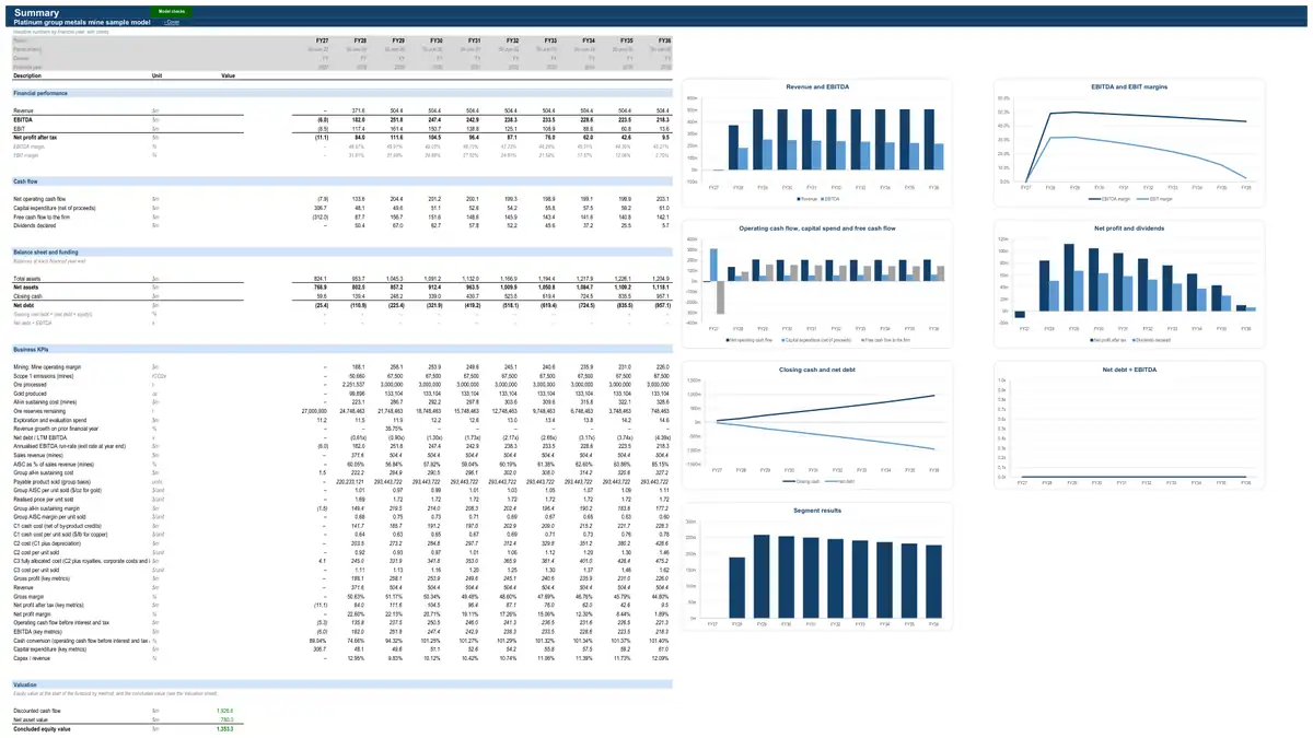The Summary sheet of the sample platinum group metals mine model