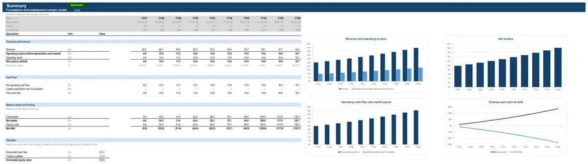 The Summary sheet of the sample foundation and endowment model