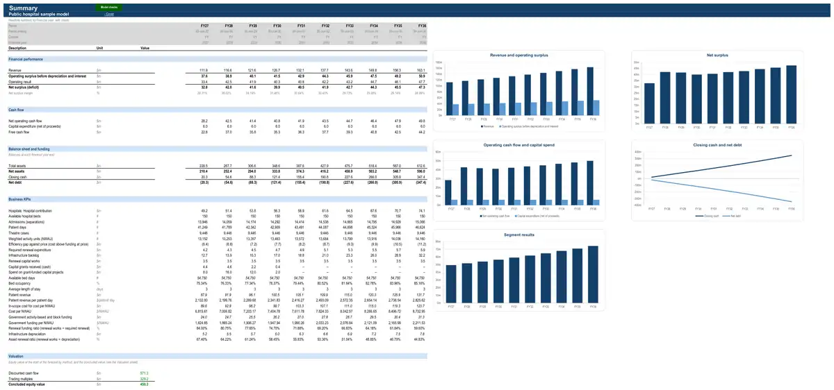 The Summary sheet of the sample public hospital model