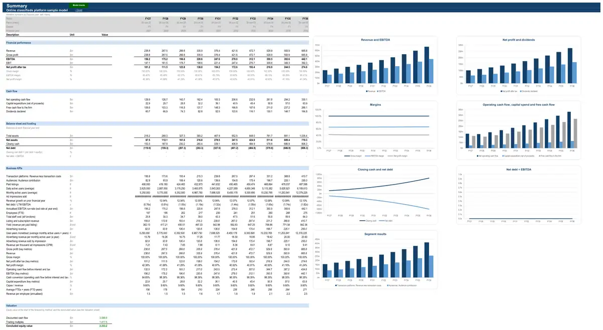 The Summary sheet of the sample online classifieds platform model