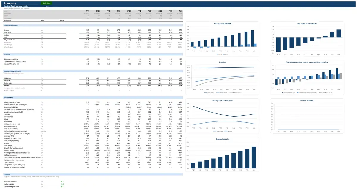 The Summary sheet of the sample vertical SaaS model
