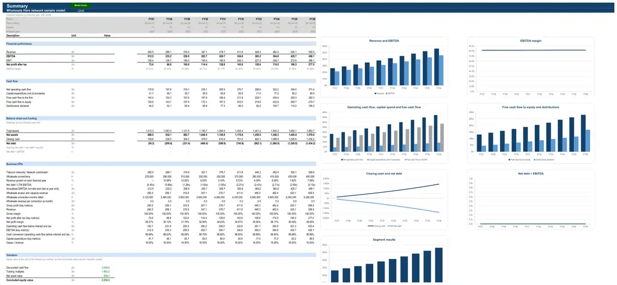 The Summary sheet of the sample wholesale fibre network model